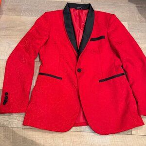 Mens Red Tuxedo Blazer Black Satin Lapel & Floral Jacquard Design Coofandy Small
